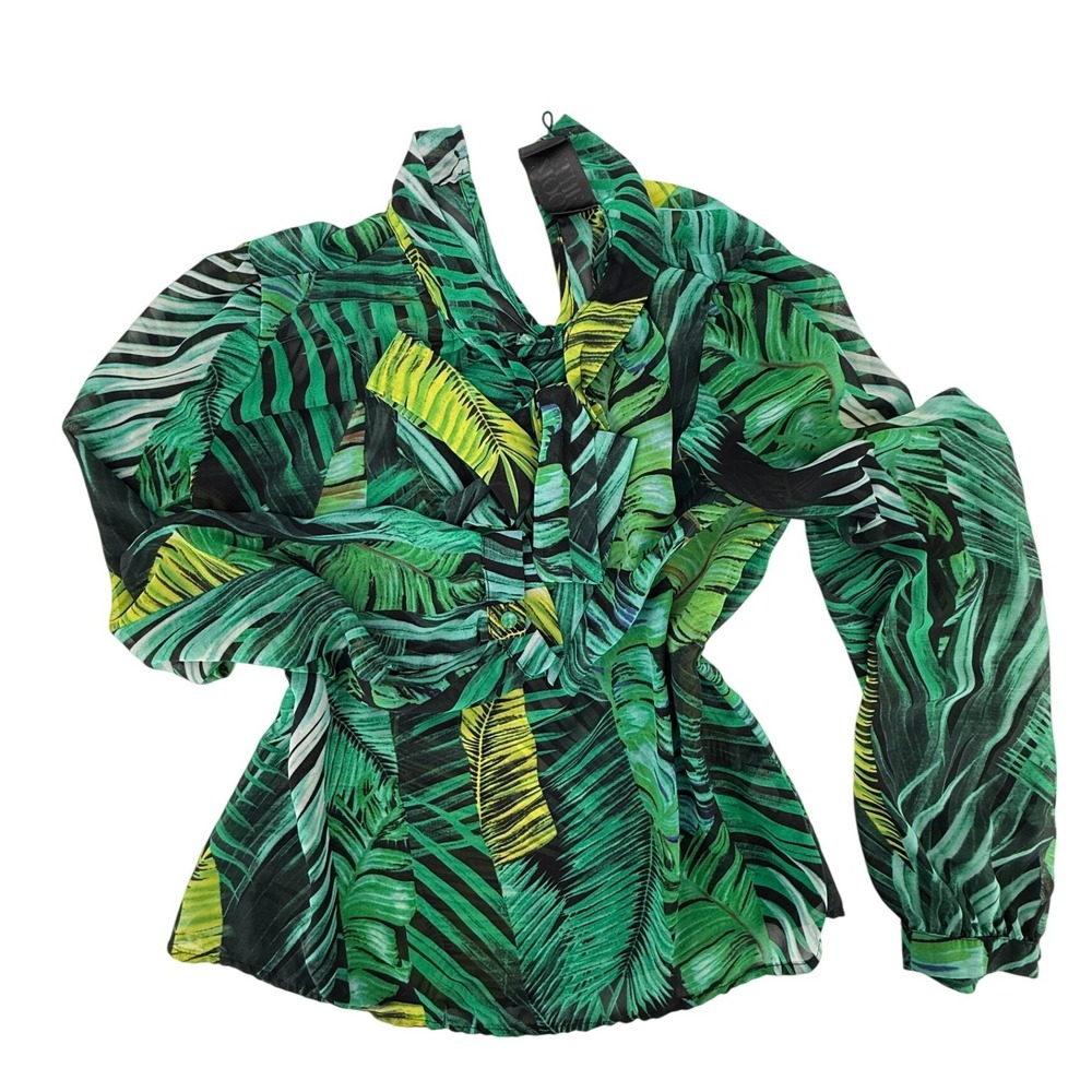 The Kooples Green Tropical Palm Leaf Print Bow Silk Blouse Top‎ Womens